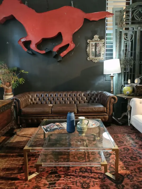 Glass Lucite and Brass Coffee Table