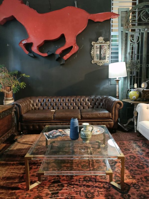Glass Lucite and Brass Coffee Table