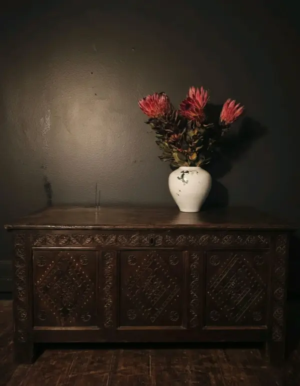 Hinged-Top Over-Scroll Carved Frieze Chest