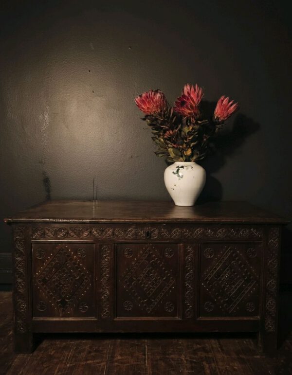 Hinged-Top Over-Scroll Carved Frieze Chest