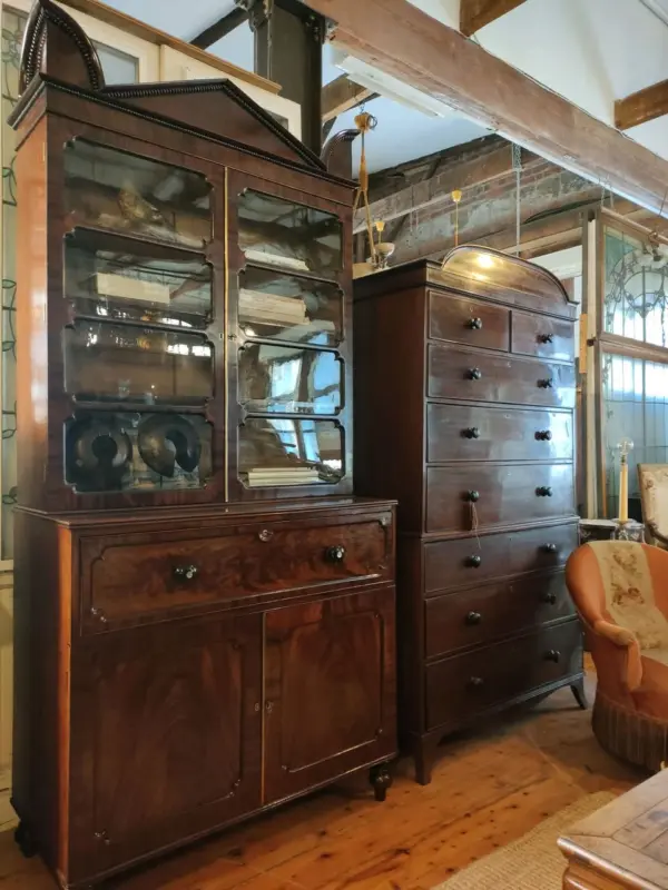 Antique Mahogany Chest of Drawers and Secretaire Bookcase Cabinet