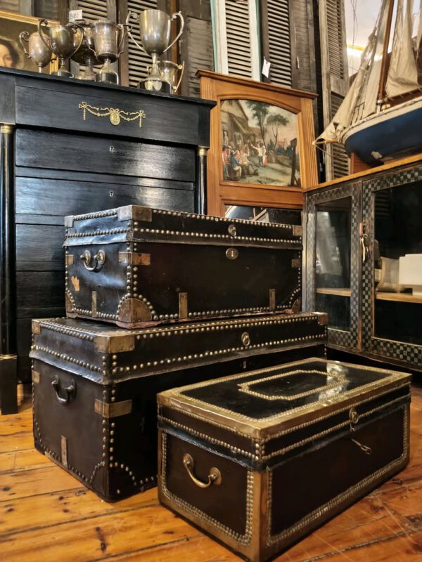 19th Century Leather Bound and Brass Studded Trunks